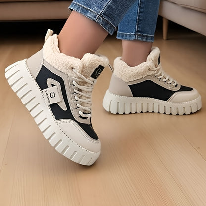 Women'S Winter Warm High-Top Sneakers - Breathable Synthetic, Plush Lined, Durable PVC Sole, Stylish Beige & White Design for Outdoor Casual Wear, Winter Sneakers | Stylish Winter Shoes | Durable PVC Sole, Women Winter Shoes,