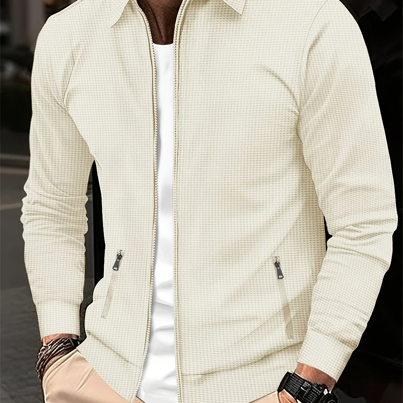 Men'S Lightweight Waffle Knit Long Sleeve Zip-Up Jacket - Breathable Golf & Running Top with Pockets, Casual Sporty Design for Outdoor Activities, Spring/Fall, Golf Jacket, Active Lifestyle Apparel, Classic Collar Style, Dura