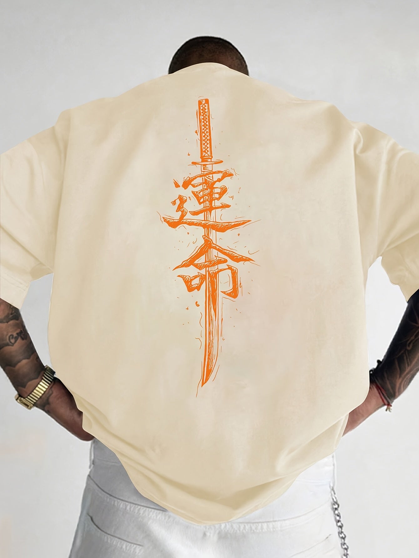 Men'S Japanese Samurai Sword Graphic T-Shirt - Casual Loose Fit Crew Neck, Short Sleeve Tee with Red Stylized Japanese Katanas Design, Breathable Polyester for Spring  Summer Outdoor Wear