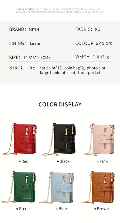 MIYIN Women'S & Men'S Red Bifold Wallet with Anti-Theft Chain Lock, Golden-Tone Hardware & Removable ID Window - Multi-Compartment Organizer with Card Slots