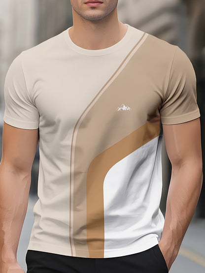 Men'S Beige Geometric Print T-Shirt - Casual Crew Neck, Slight Stretch Fabric, Modern Design with Striking Patterns, Everyday Tshirt   Modern Tshirt   Comfortable Fit