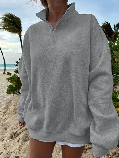 Women's Casual Heather Gray Half-Zip Sweatshirt - Soft Polyester & Elastane Blend, Long Sleeve, Stand Collar, Machine Washable - Perfect for Spring/Fall