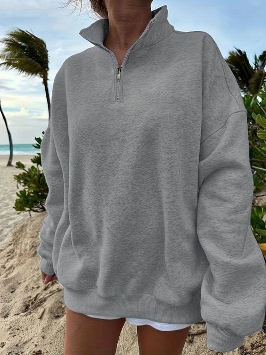 Women's Casual Heather Gray Half-Zip Sweatshirt - Soft Polyester & Elastane Blend, Long Sleeve, Stand Collar, Machine Washable - Perfect for Spring/Fall