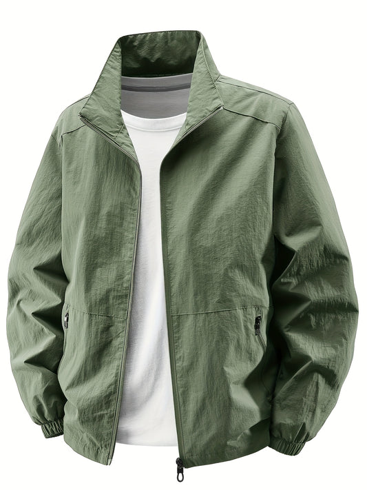 Men'S Olive Green Bomber Jacket with Stand Collar - Casual, Comfortable, Zip-Up Outerwear for Outdoor Activities, Casual Attire|Stand Collar Jacket|Zippered Jacket