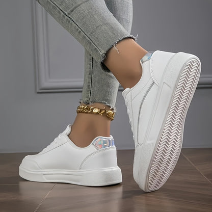 Women'S Chic White Sneakers - Stylish Low-Top Lace-Up Casual Shoes with Golden Accents, Lightweight All-Season Footwear, Waterproof, Non-Slip, Round Toe Design for Everyday, Sports, and Office Wear, Everyday Sneakers | Chic W