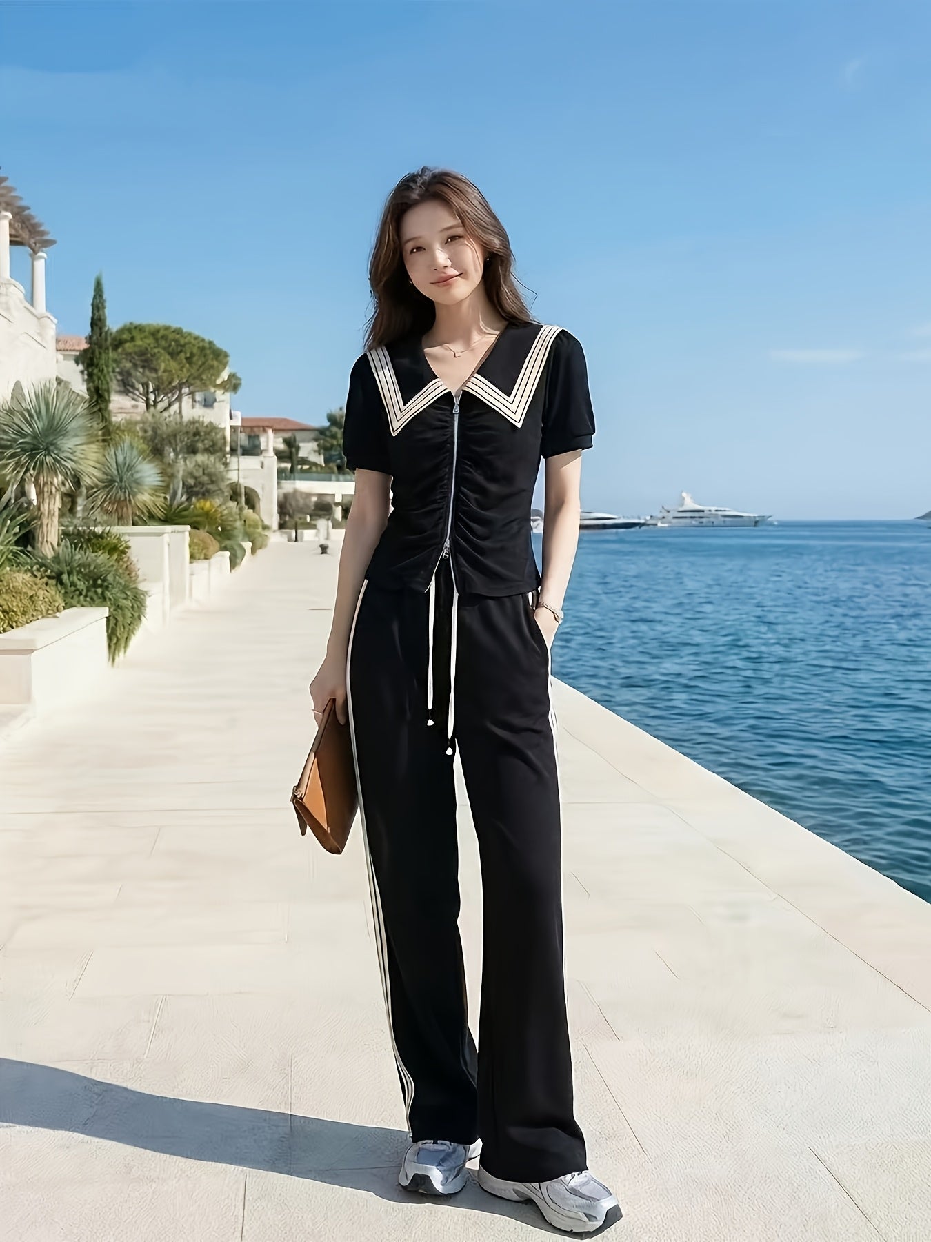 Women’s Summer Two-Piece Slim Fit Wide-Leg Pants Suit