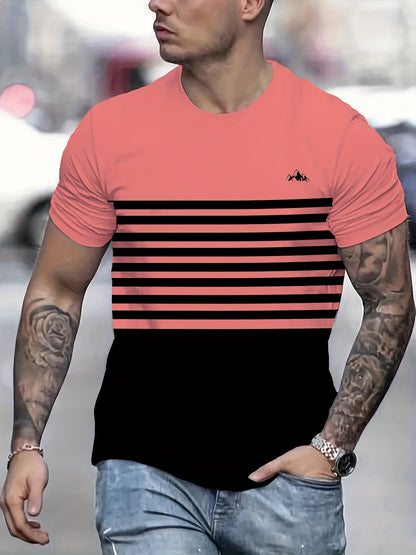 Stylish Men'S Top, a Short-Sleeve T-Shirt with Vibrant 3D Print Striped Patchwork And a Round Neck, Perfect for Summer Street Fashion And Casual Sports.