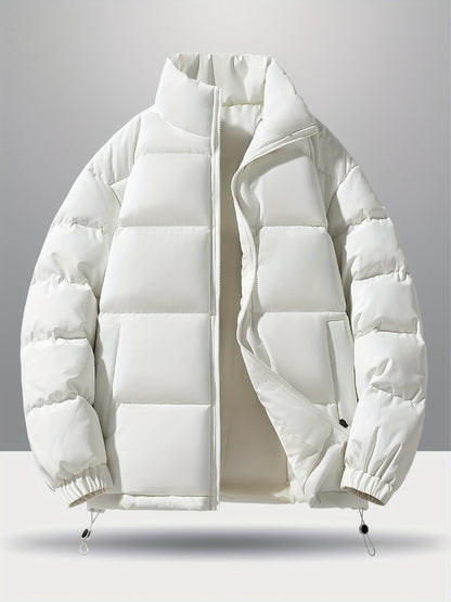 Men'S 2025 New Casual Jacket - Black, Stand Collar, Zip-Up, Long Sleeve, Polyester Filled, Winter Coat with Adjustable Drawstring Hood