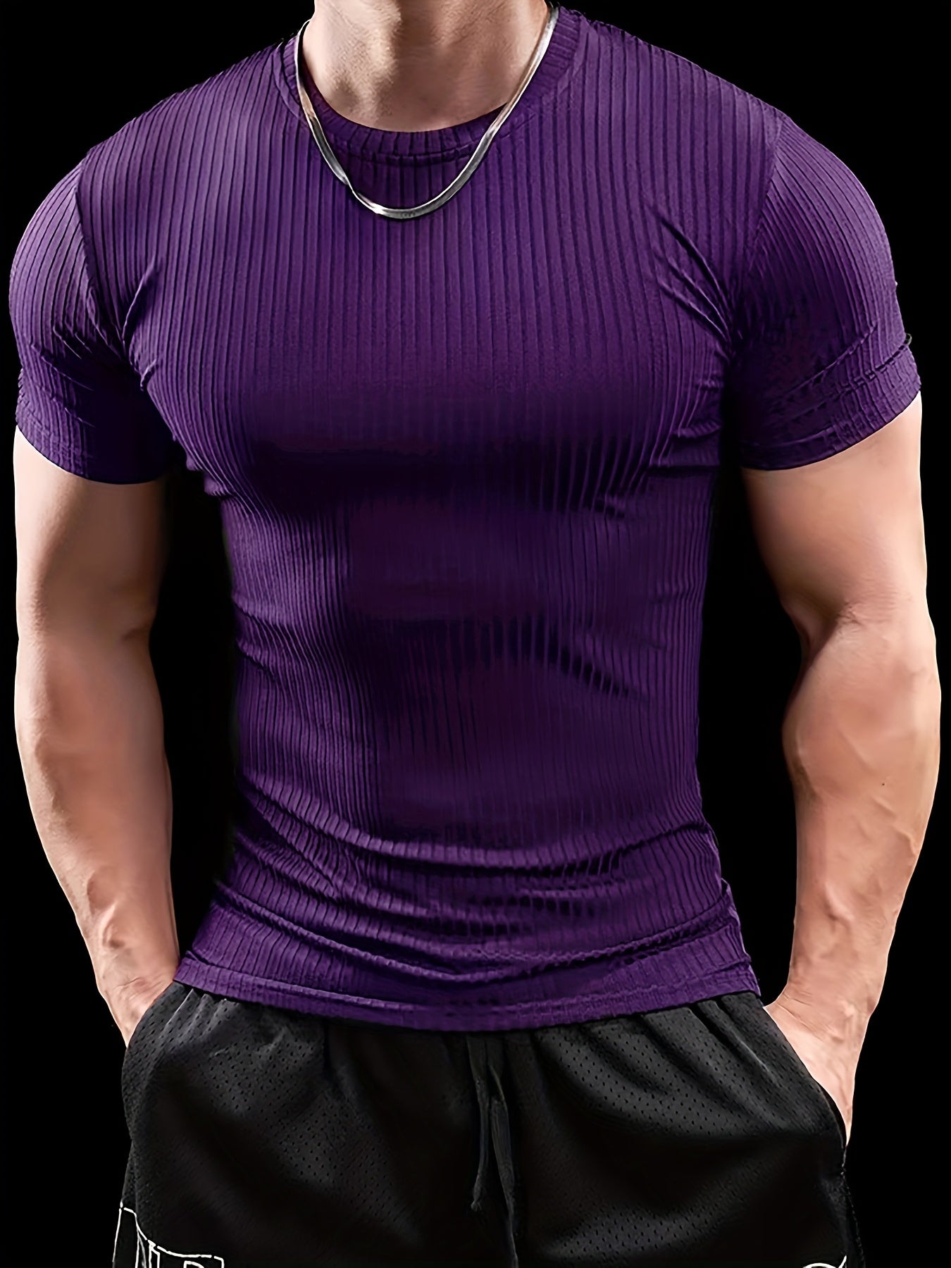 Men's Stretch Fit Short Sleeve T-Shirt - Breathable, Comfortable Polyester Blend, Solid Blue, Crew Neck, Casual  Sporty Style for Spring/Summer