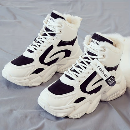 Women's Plush Fleece-Lined High-Top Sneakers - Thick-Soled Winter Warm Lace-Up Shoes with PU Upper & Cushioned PVC Sole, White/Black/Grey Chunky Dad Shoes (Cozy Round Toe) - Instagram Trendy Winter Footwear by I Trend