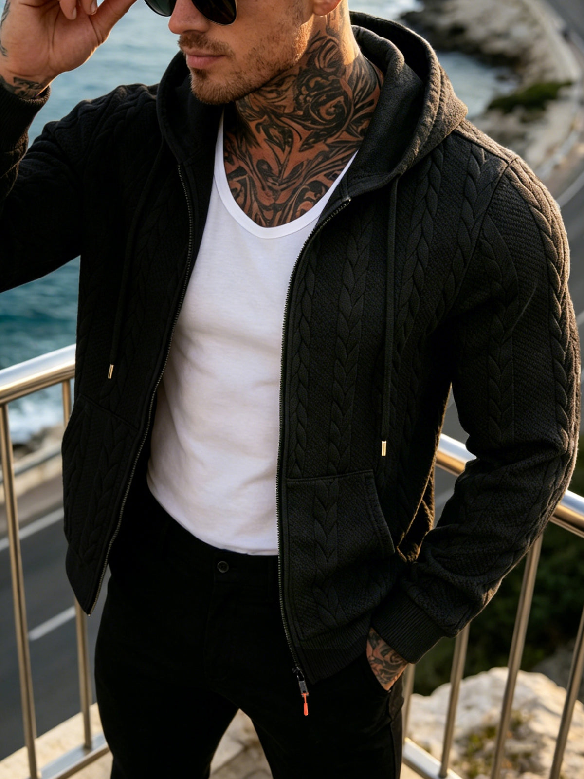Men's Cable Knit Hooded Jacket Casual Fall Winter Outerwear