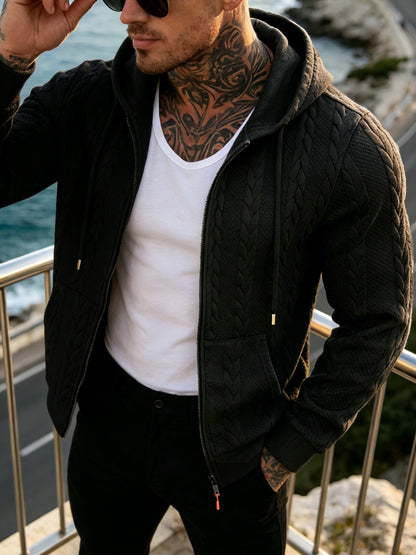 Men's Cable Knit Hooded Jacket Casual Fall Winter Outerwear