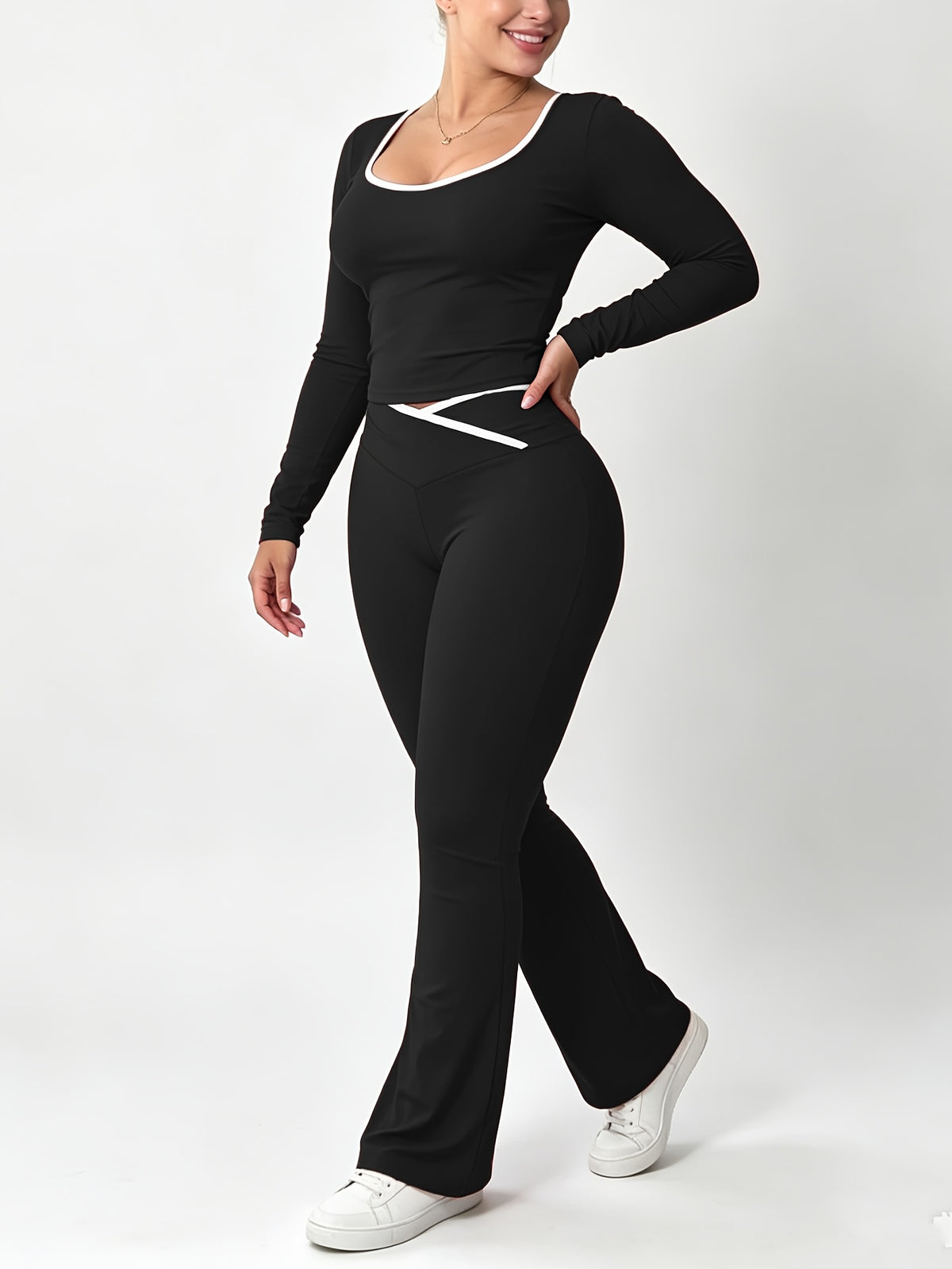 Slim Fit Cross Waist Color Block Crop Pants Set for Fall/Winter - ayq