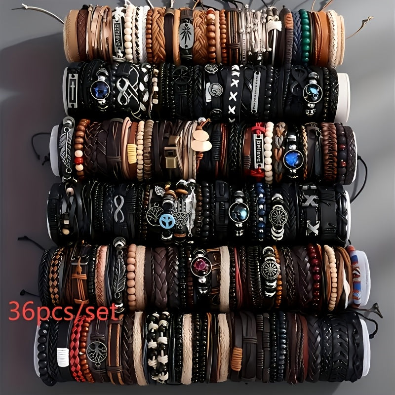 4/18/36 հատ վինտաժային նորաձևության արհեստական ​​կաշվե ապարանջան՝ արևմտյան փանկ ոճի ուլունքավոր ապարանջանով, ձեռագործ, ինքնուրույն պատրաստված պատահական ոճերով