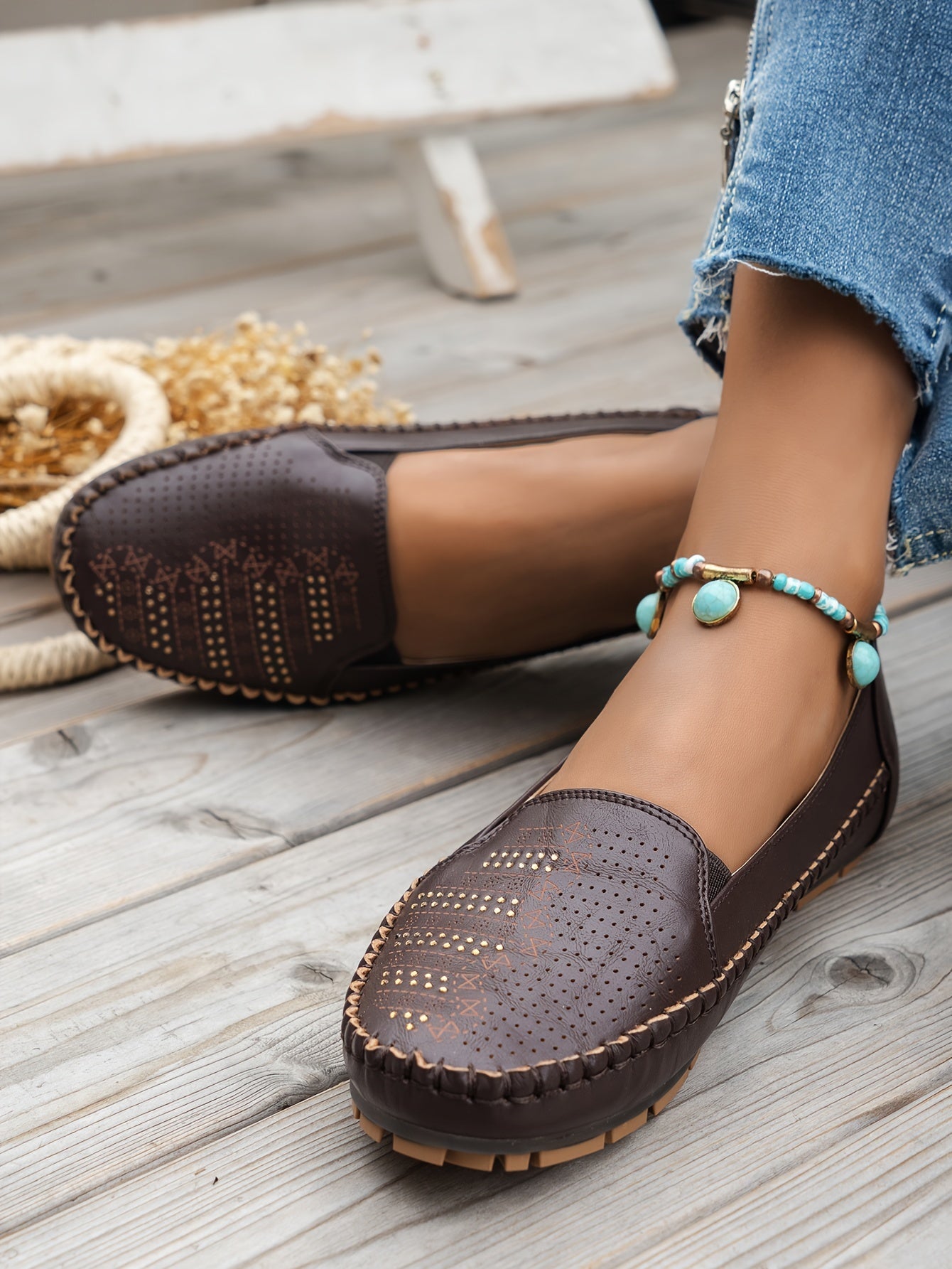 Women's Retro Perforated Flat Shoes, Comfy Breathable Round Toe Slip On Shoes, Casual Outdoor Loafers
