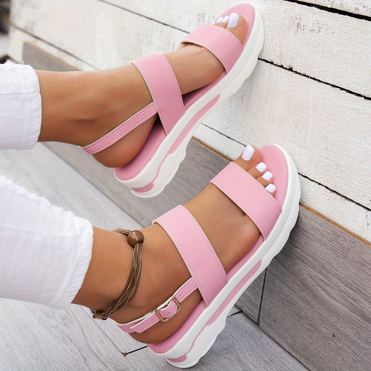 Mhysa Women's Comfortable Open-Toe Platform Sandals with Thick Sole & Golden Buckle Strap - Summer Casual White PU Cover Ankle Strap Sandals for Casual Attire, Ladies Sandals