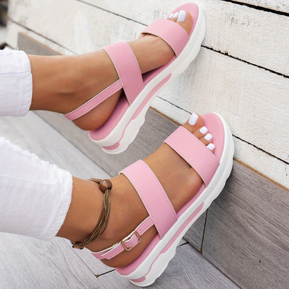 Mhysa Women's Comfortable Open-Toe Platform Sandals with Thick Sole & Golden Buckle Strap - Summer Casual White PU Cover Ankle Strap Sandals for Casual Attire, Ladies Sandals
