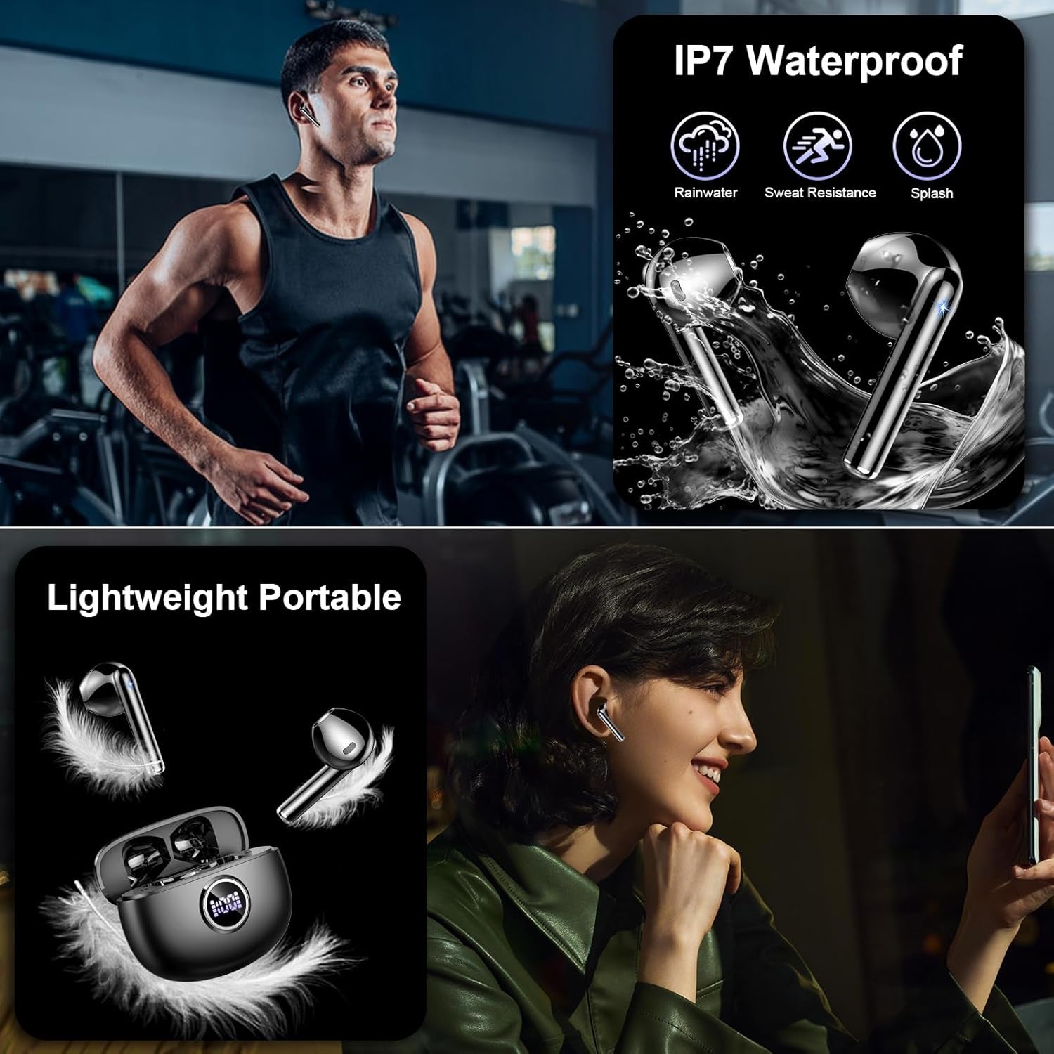 Wireless Earbuds, Bluetooth Headphones 5.3 Stereo Bass Ear Buds with ENC Noise Cancelling Mics, 40H Playtime Bluetooth Earbuds with LED Display, IP7 Waterproof in Ear Earphones for Android Ios, Black