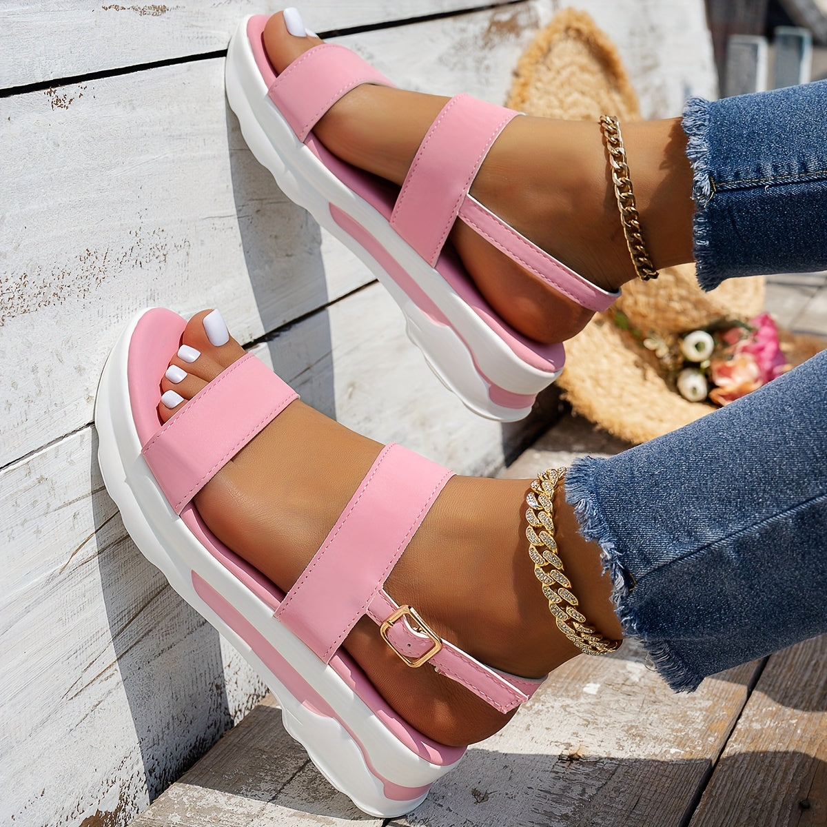 Women'S Summer Casual Open-Toe Platform Sandals with Buckle Closure, Solid Color PU Upper/Inner/Insole, TPR Sole, Ankle Strap Wedge Heels, Comfortable and Stylish for Casual Attire, Summer Footwear | Chic Wedge Heels | Wedge - ayq