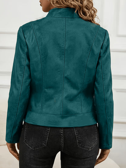 Plus Size Elegant Biker Jacket with Metallic Zipper for Spring/Fall