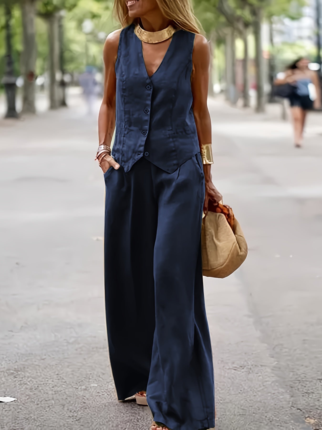 Women’s Casual Sleeveless V-Neck Vest & Pants Set for Summer