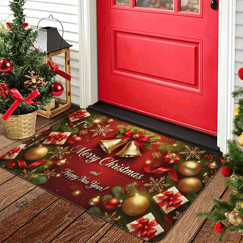 1pc Christmas & New Year Welcome Mat with Merry Christmas & Happy New Year Greeting, Red/Golden/Green Holiday Design, Non-Slip Backing, Heavy-Duty 600g/m² Polyester, Machine Washable Indoor/Outdoor Door Mat with Pine Branche