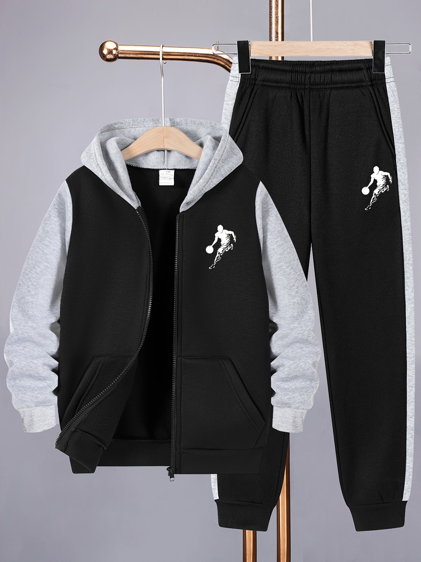 2pcs Boys' Casual Sportswear Set, Fashion Basketball Print Fleece-Lined Zip-Up Hoodie + Pants for Autumn and Winter, Suitable for Daily Wear and Outdoor Activities, Perfect for Outdoor