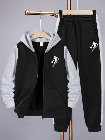 2pcs Boys' Casual Sportswear Set, Fashion Basketball Print Fleece-Lined Zip-Up Hoodie + Pants for Autumn and Winter, Suitable for Daily Wear and Outdoor Activities, Perfect for Outdoor