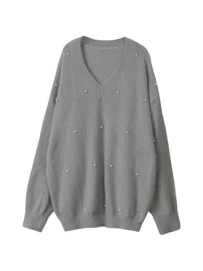 Մեծ չափս - Կանացի հարմարավետ դեղին V-ձև օձիքով սվիտեր՝ մարգարիտ կոճակներով և բրդյա եզրերով թևքերով - Ասիմետրիկ եզր, երկրաչափական նախշ, առօրյա ձմեռային սվիտեր առօրյա հագուստի համար, Ձմեռային հագուստ | V-ձև օձիքով սվիտեր | Մարգարիտ կոճակների մանրամասներ, Sw