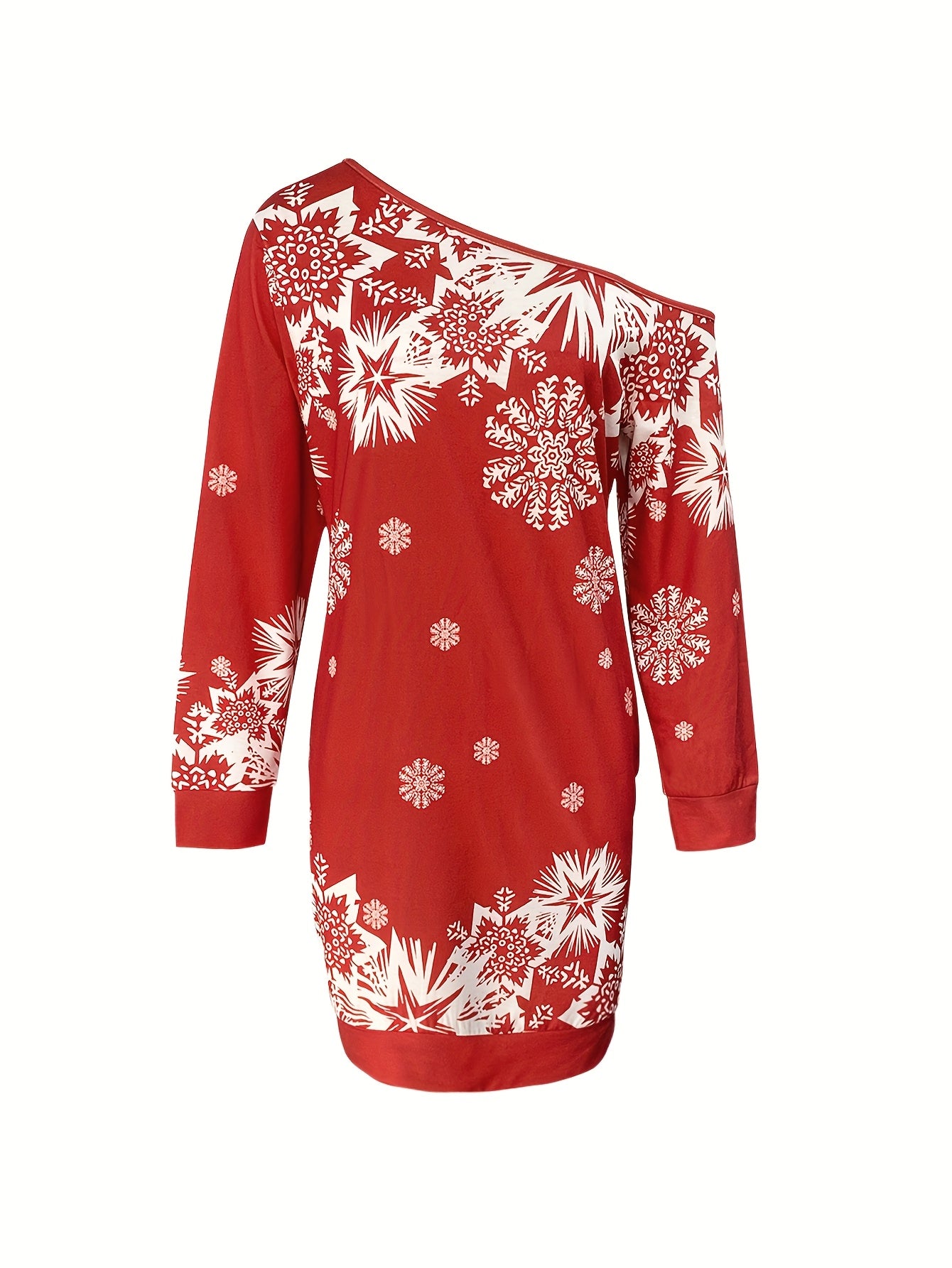 Women'S Elegant Off-Shoulder Red & Snowflake Print Winter Dress with Puff Sleeve & Round Neck - Long Sleeve Party Dress for Christmas, New Year'S Eve, Winter Events - Machine Washable, Christmas Dress, Festive Attire, Offshou