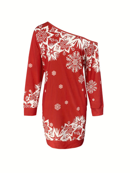 Women'S Elegant Off-Shoulder Red & Snowflake Print Winter Dress with Puff Sleeve & Round Neck - Long Sleeve Party Dress for Christmas, New Year'S Eve, Winter Events - Machine Washable, Christmas Dress, Festive Attire, Offshou