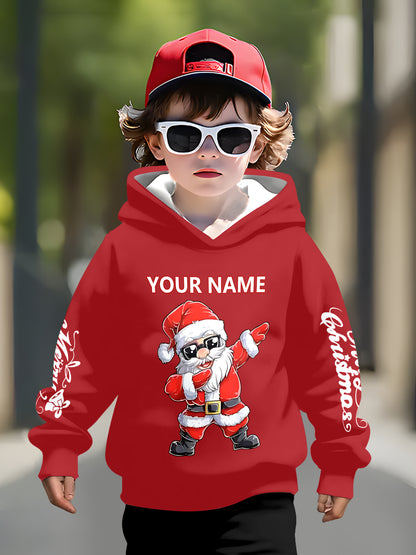 Customizable Christmas Hoodie for Boys - Personalized Name/Text, Santa Claus Graphic, Red & Holiday Sweatshirt, Long Sleeve Pullover for Birthday Party, New Year'S Eve - Machine Washable Kids Gift, Christmas Clothes, Festive