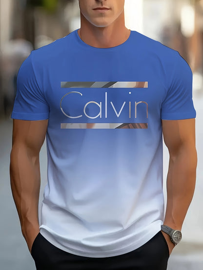 Men'S "Calvin" Graphic T-Shirt - Casual 3D Print Letter Tee with Geometric Design, Short Sleeve, Round Neck, Light Blue, Perfect for Summer, Everyday  Sportswear, Casual Wear Tee   Modern Casualwear   Comfortable Fit