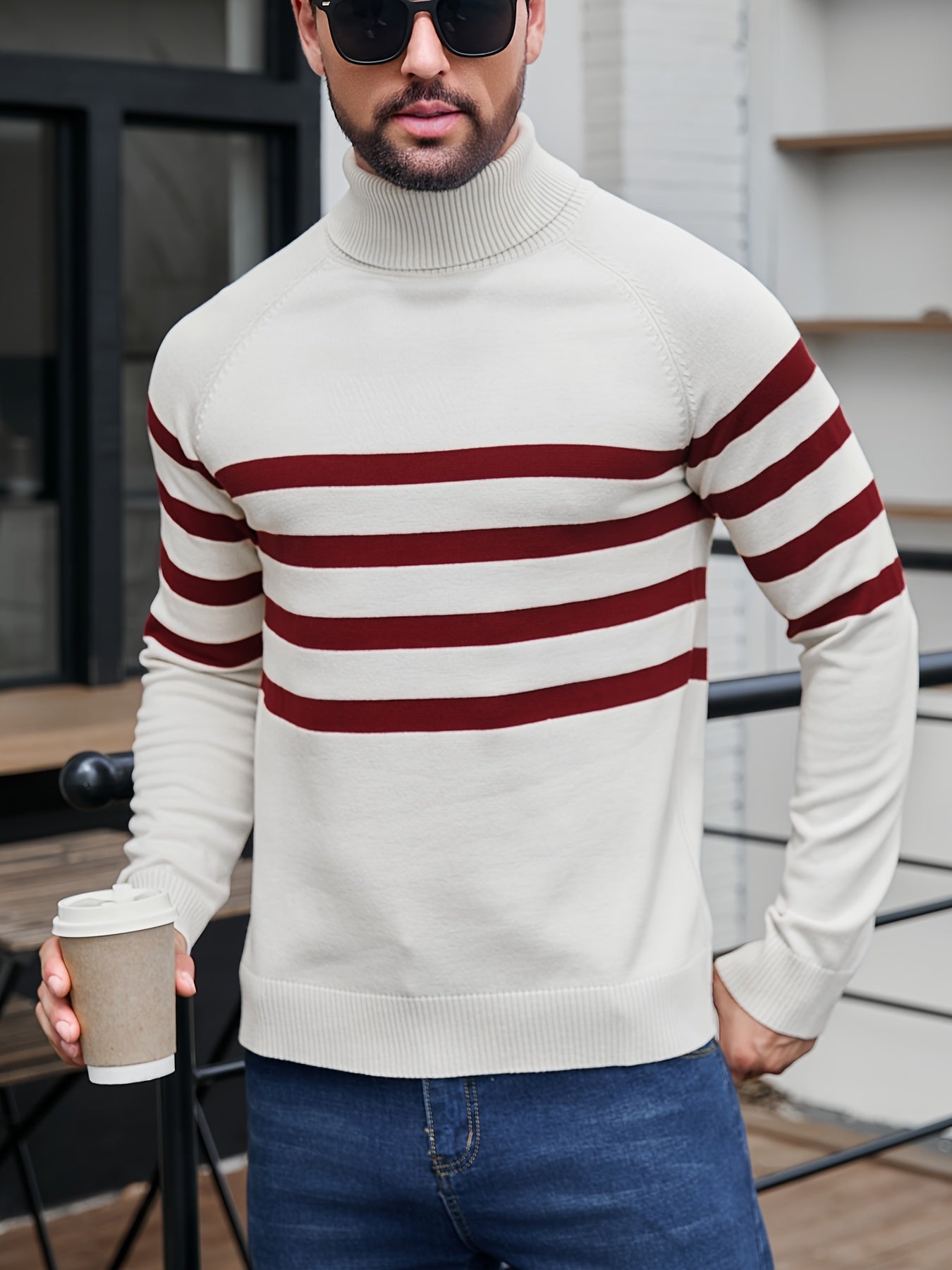 Men's High Neck Long Sleeve Striped Contrast Color Pullover Sweater - ayq