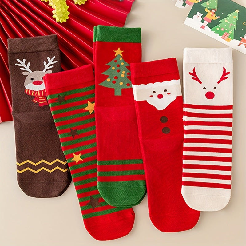 5 Pairs Women'S & Men'S Christmas Mid-Calf Socks - Soft Warm Winter Holiday Socks with Reindeer, Snowflakes, Candy Canes, Gingerbread Men, Santa Hats & More - Machine Washable Cozy Casual & Elegant Christmas Party Socks For C