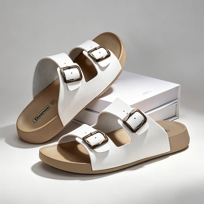 Unisex Retro Slide Sandals with Metal Buckle, Casual Double Strap