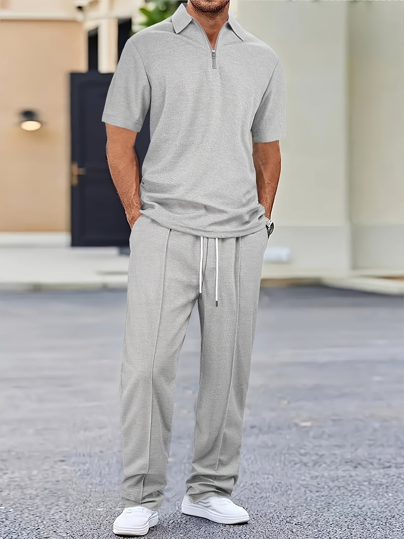 Men's 2pcs Waffle Knit Casual Outfit: Zip-Up Short Sleeve Collared Shirt & Drawstring Pants - Black, Polyester Blend, Ideal for Casual Attire in Spring/Summer