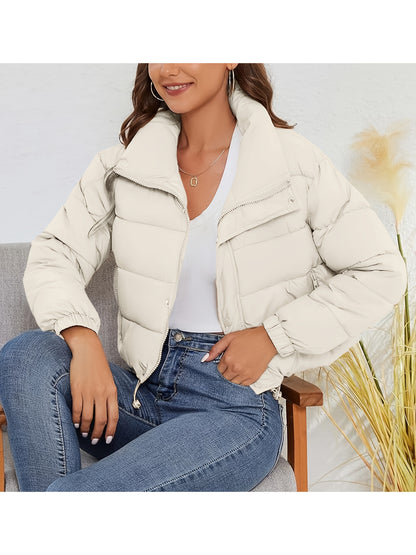 Women'S Lightweight Winter Jacket - Elegant Stand Collar Short Length Quilted Coat with Button Front, H-Silhouette Regular Fit, Long Sleeve Casual Outerwear for Cold Weather, Winter Coats, Seasonal Fashion, Minimalist Style,