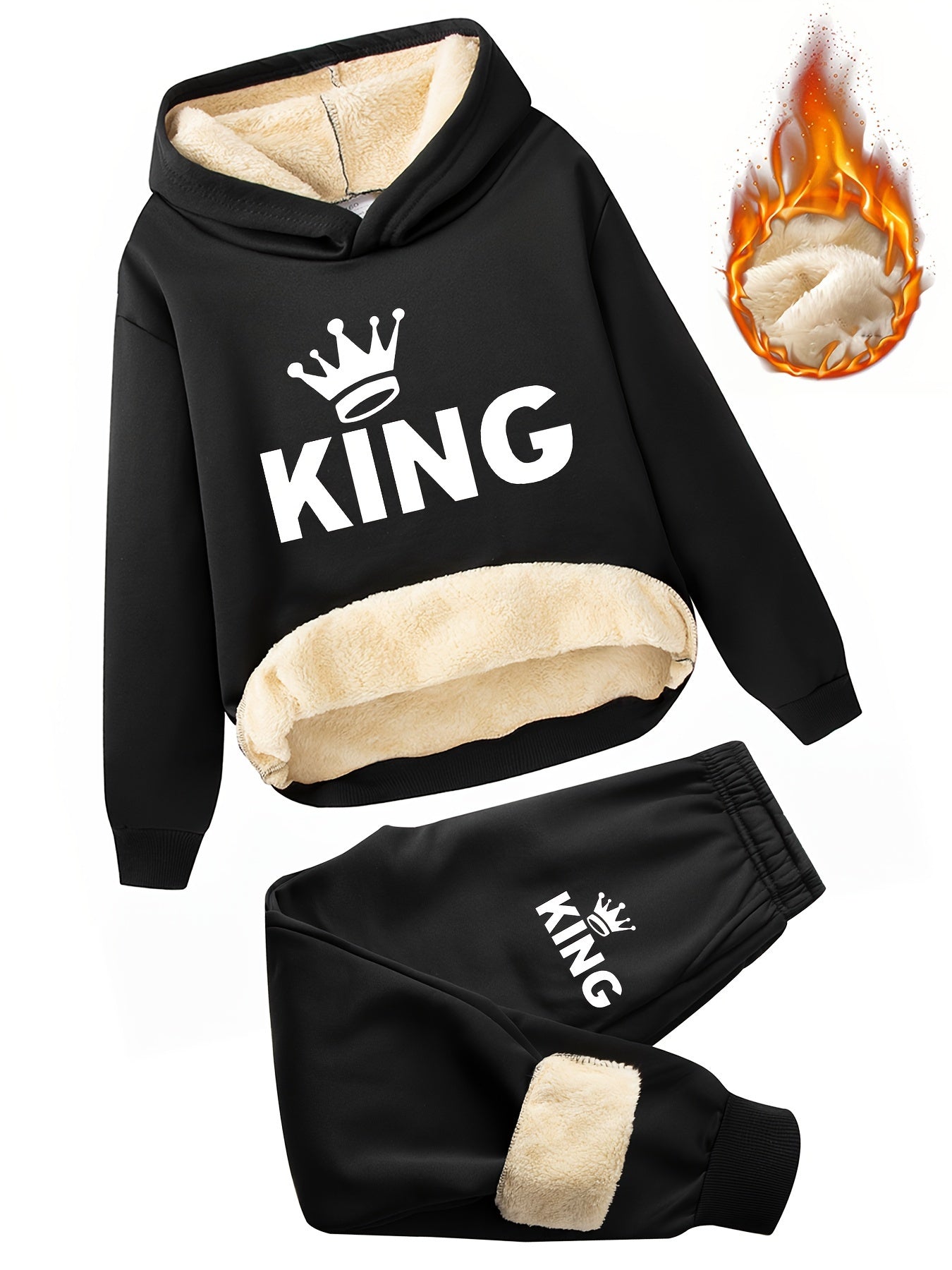 2pcs Boys' Fleece-Lined Thickened Warm Hoodie + Pants Set, Stylish Letter Print Winter Comfortable Sportswear Outfit for Kids Casual Leisurewear, Perfect for, Blanket Hoodie Kids