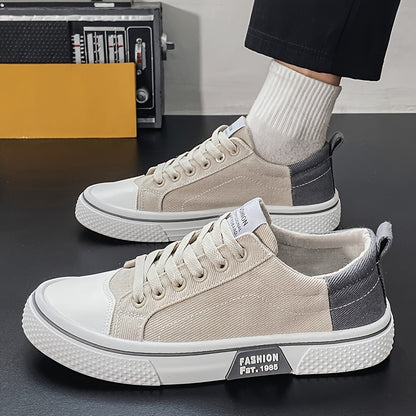 Men's Breathable Canvas Sneakers - Low-Top Lace-Up Skate Shoes, Fashionable Casual & Sporty Design with Green & Beige Color Block, Non-Slip PVC Sole for Casual Attire, Outdoor Sneakers | Laceup Closure | Stylish Lowtops