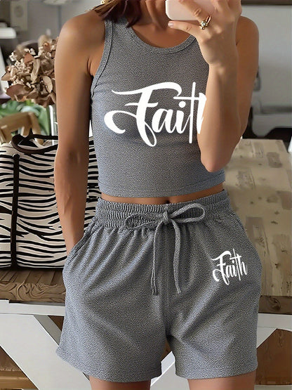 Women's Casual Two-Piece Set with English Print & Wide Leg Pants