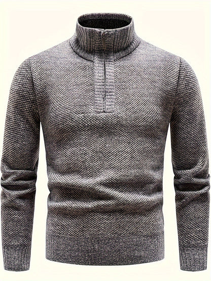 Men's Fleece-Lined Warm Knit Sweater - Autumn/Winter, Solid Color with Stand Collar & Short Zipper Placket, Long Sleeve, Polyester - Ideal for Hiking, Cycling & Casual Attire, Winter Sweater