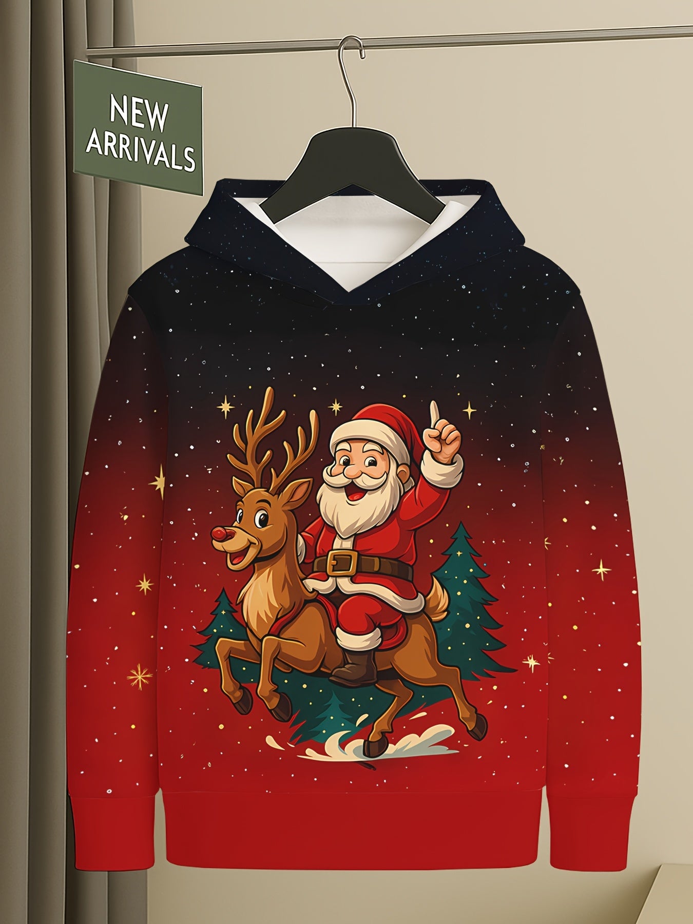 Boys' 3D Digital Print Santa & Reindeer Christmas Hooded Sweatshirt - Red & Black Gradient Festive Pullover with Glowing Eyes, Soft Stretch Fabric, Machine Washable, Long Sleeve Party Outfit for School Events, Family Photos &