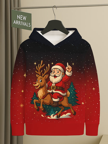 Boys' 3D Digital Print Santa & Reindeer Christmas Hooded Sweatshirt - Red & Black Gradient Festive Pullover with Glowing Eyes, Soft Stretch Fabric, Machine Washable, Long Sleeve Party Outfit for School Events, Family Photos &