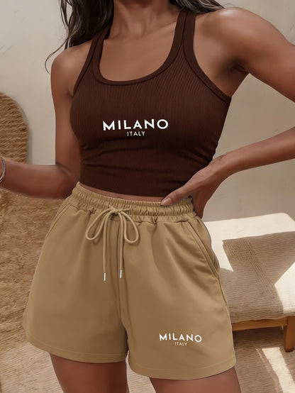 Women's Casual Sleeveless Crop Top & Drawstring Shorts Set