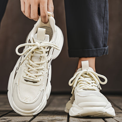 Men'S Breathable Mesh  Faux Low-Top Sneakers - Lightweight Cushioned Air Cushioning, White  Golden Accents, Lace-Up Casual Shoes for Running, Hiking, Gym  Casual Attire, Gym Shoes, Modern Sneakers, Fabric Lined Interior