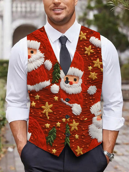 Men's Full-Body Print Santa Claus Vest with Collar & - Red/Green/White/Golden Christmas Jacket, Golden Star Buttons, All-Season Party & Casual Coat for Holiday Events, Costumes, and Casual Attire, PLUS SIZE