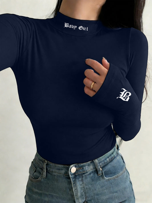 Women’s Gothic Style Long-Sleeve High-Neck Fitted T-Shirt