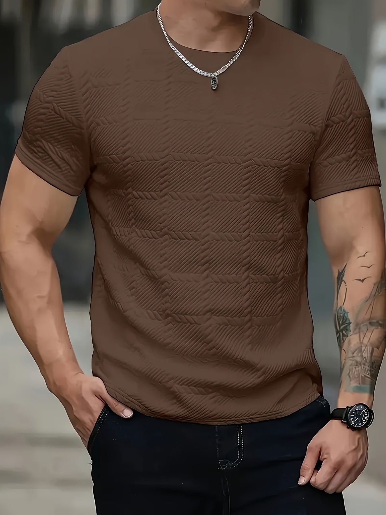 Men'S Casual Jacquard Knit Short-Sleeve T-Shirt - Featuring a Stylish Geometric Pattern, Round Neck, Comfortable for All Seasons, Perfect for Casual Wear - ayq