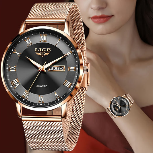 LIGE Women's Elegant Stainless Steel Quartz Watch with Date